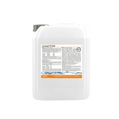 10-Liter-Kanister des Lerasept FP 408 Desinfektionsreinigers, mild alkalisch, für effektive Desinfektion und Reinigung in gewerblichen und medizinischen Umgebungen.