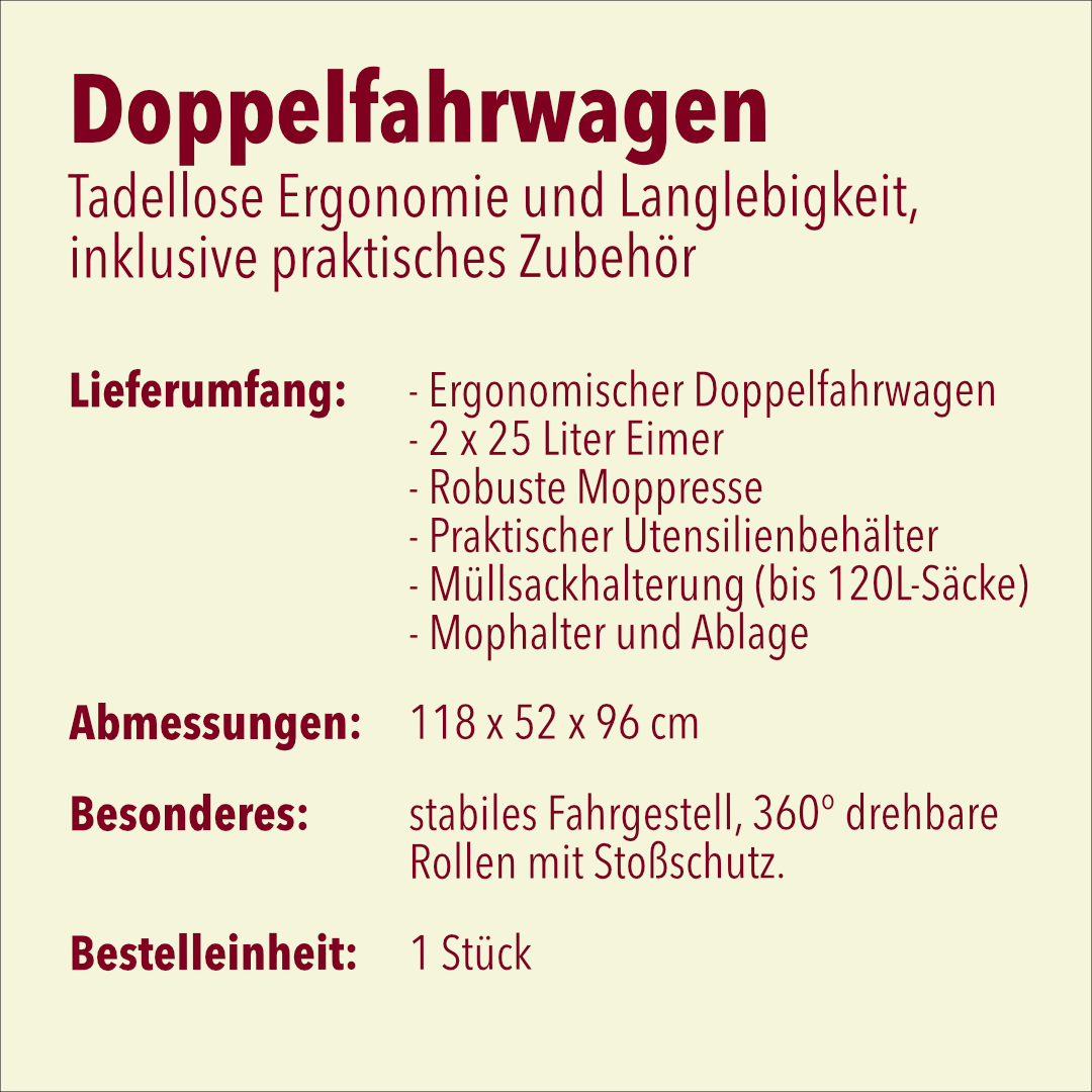 Doppelfahrwagen, 2 x 25 Liter Eimer, Mopp-Presse, Utensilbehälter, Müllsackhalter