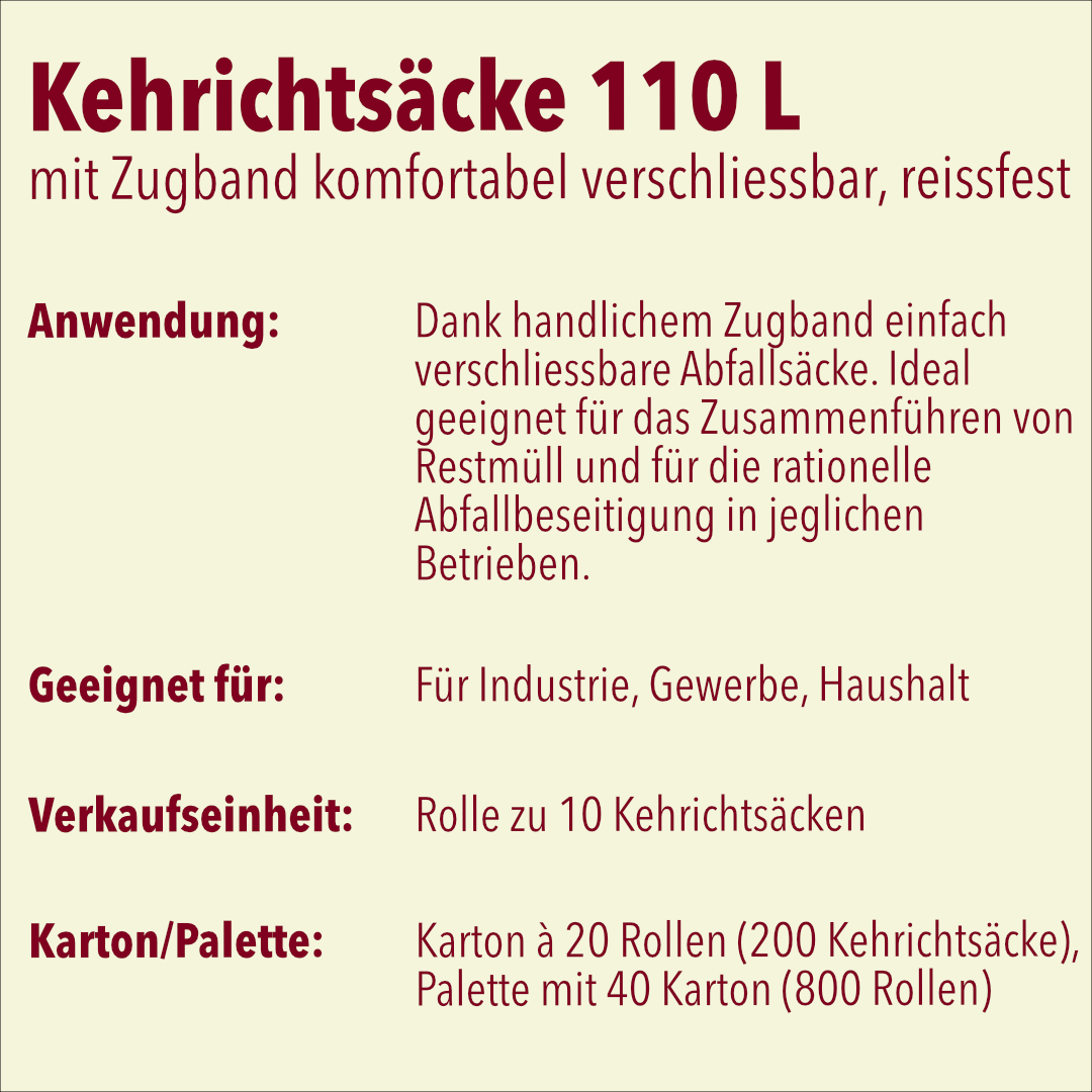 Kehrichtsäcke 110 Liter mit Zugband, Palette mit 800 Rollen (40x20)