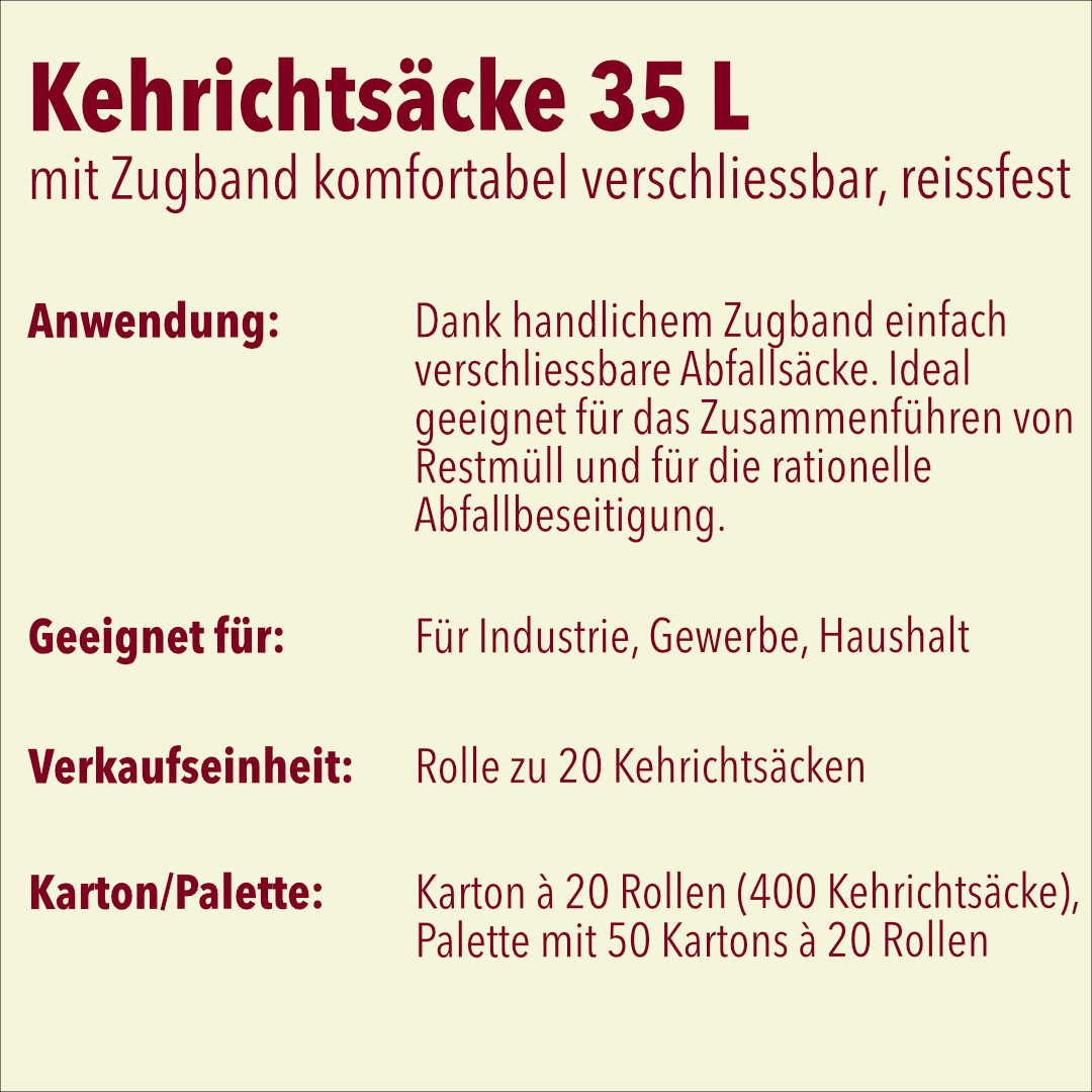 Kehrichtsäcke 35 Liter mit Zugband, Palette mit 50 Karton à 20 Rollen (1000 Rollen)