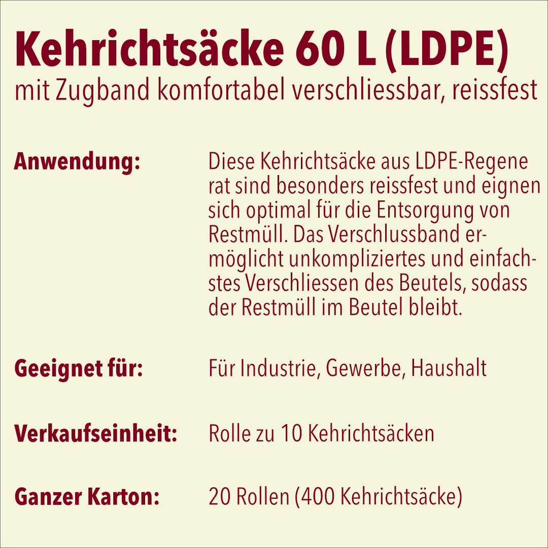 Kehrichtsack mit Zugband, 60 l, LDPE schwarz, Rolle à 10 Sack