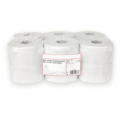 Papier toilette mini jumbo, 2 épaisseurs, 100% pulpe, blanc brillant, 12 rouleaux, ⌀19 cm